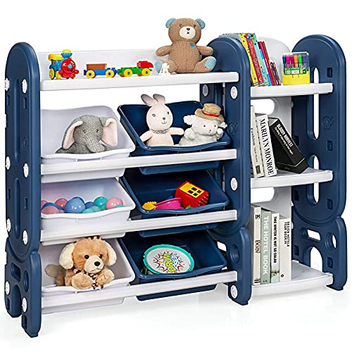 Costzon Kids Bookshelf with Toy Organizers and Storage, Multi-Purpose 4-Tier Toy Shelf, 6 Removable Plastic Bins to Organize Books Toys, Toddler Bookcase for Playroom, Bedroom, Daycare, Nursery (Blue)