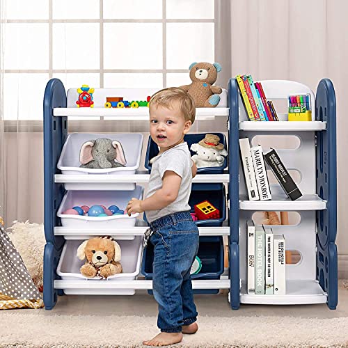 Costzon Kids Bookshelf with Toy Organizers and Storage, Multi-Purpose 4-Tier Toy Shelf, 6 Removable Plastic Bins to Organize Books Toys, Toddler Bookcase for Playroom, Bedroom, Daycare, Nursery (Blue)