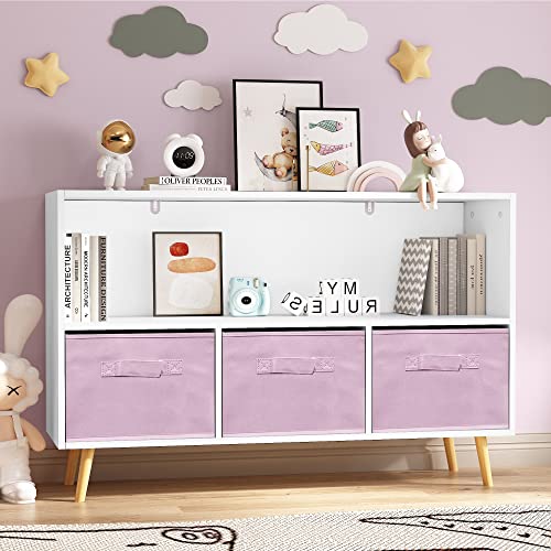 IAFIKE Toy Organizers and Storage, Kids Bookshelf with 3 Cube Fabric Bins and Drawers,Nursery Bookcases, Cabinets & Shelves Toddler Book Shelf for Bedroom,Playroom,Livingroom (Pink)