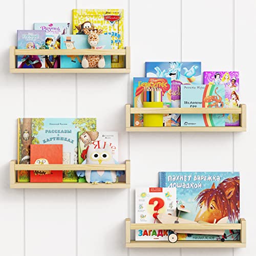 Forbena Natural Wood Nursery Book Shelves Wall Mounted, Floating Bookshelf for Kids Room, Toys and Books Storage Organizer Bookshelves for Toddler Child Bedroom Bathroom (4 Pack Natural Wood)