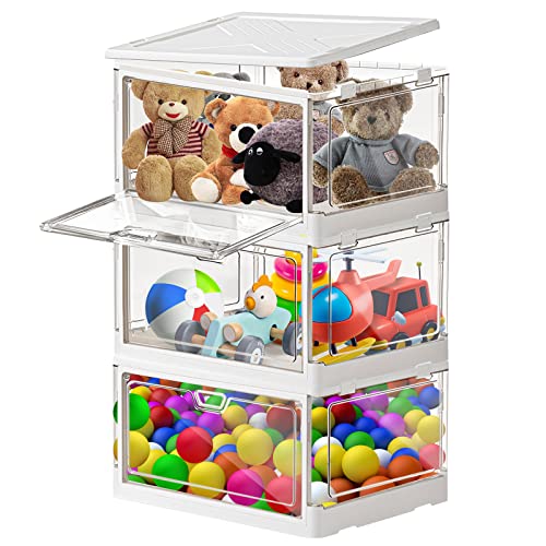Clear Storage Bin with Lid 3 Pack 【Stackable & Sturdy】Plastic Bins for Storage, Multifunctional Folding Storage Bins for Bedroom, Living Room, Study, Toy Room, 22 QT Folding Box with Magnetic door