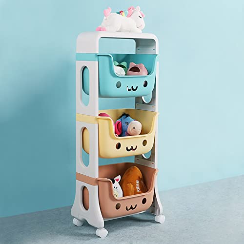WillingHeart Kids Toy Storage Organizer 3-Tier Stackable Rolling Cart,Playful Colors Smiley Children Playroom Decor Doll Activity Rack Shelf Plastic Bins Box Mobile Move Everywhere with Caster Wheels