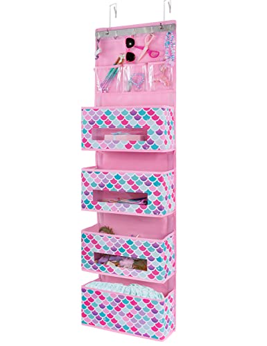 WERNNSAI Mermaid Door Hanging Organizer - Over Door Storage with 4 Large Pockets 3 Clear Small Pockets for Girl 49” x 14” x 5” Baby Storage Toys Towels Sundries for Children Room Bedroom Kitchen