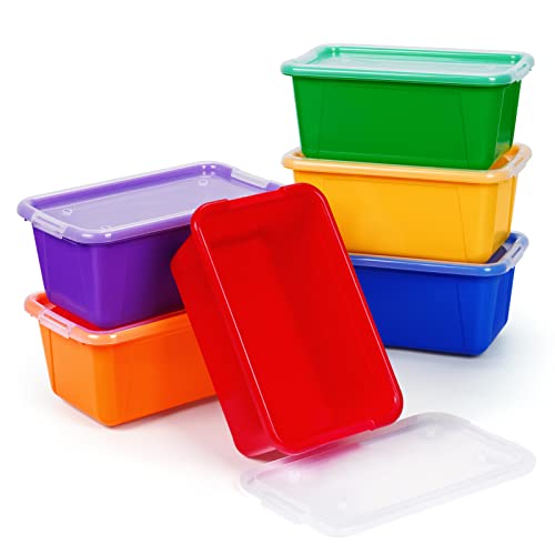 GAMENOTE Small Storage Bins with Lids - 5 Qt 6 Pack Stackable Plastic Cubby Containers for Classroom Book Bin Toy Organizers (11.7 × 7.1 × 5.1 inches)