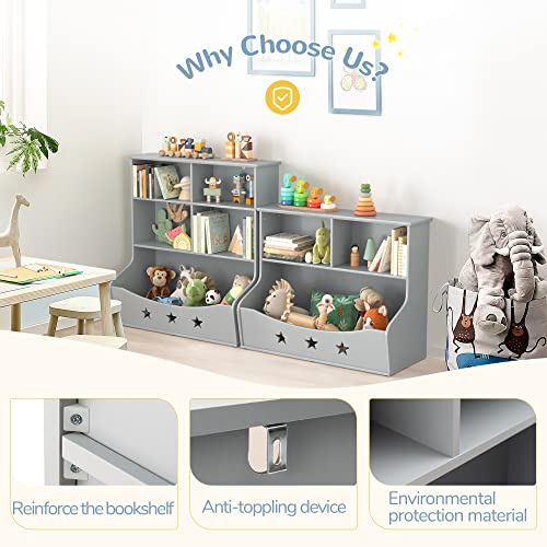 Curipeer Kids Bookshelf, 2-Shelf Storage Bookcase,Large Wooden Open Book Shelf with 3 Cube Units, Star Pattern Toy Organizer and Storage Cabinet for Playing Room, Nursery, Baby's Bedroom, Grey