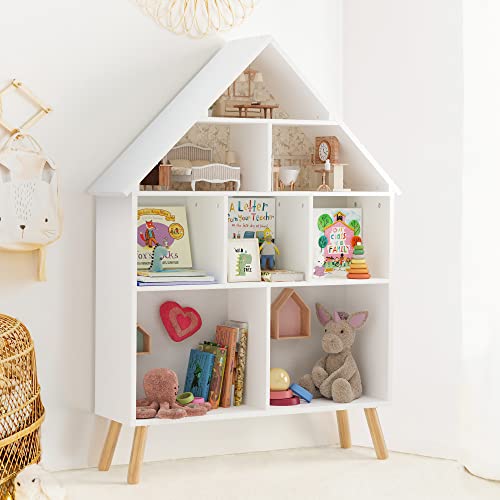 Curipeer Kids Dollhouse Bookshelf and Toy Organizer, Wooden Stand Dollhouse Bookcase, 4-Tier Baby Storage Display Organizer with Legs, Children Bookshelf for Playing Room, Nursery, White