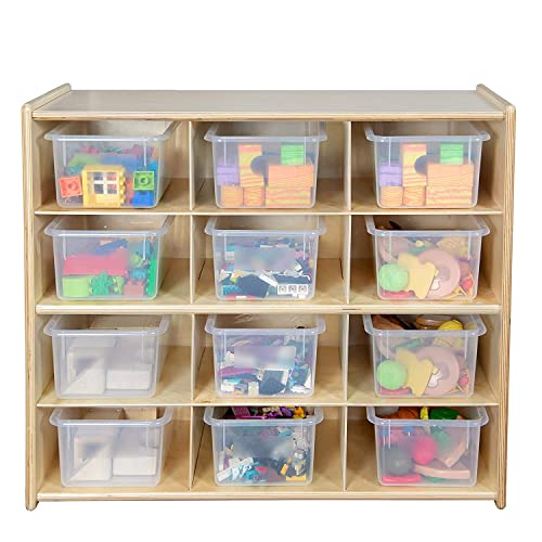 Contender Birch 12 Cubby Tray Cabinet with Translucent Bins, Toddlers Toy Storage Organizer for Kindergarten, Daycare, Nursery, Homeschool [Fully Assembled]