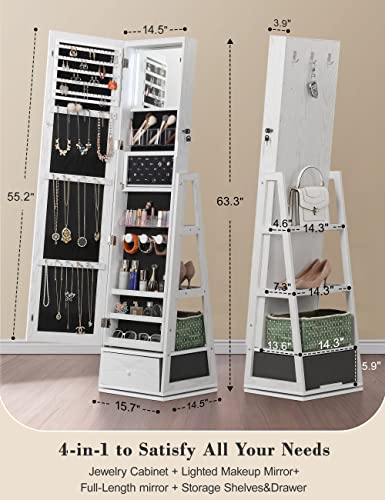 Nicetree 360° Swivel Jewelry Cabinet with Lights, Touch Screen Vanity Mirror, Rotatable Full Length Mirror with Jewelry Storage, Standing Jewelry Armoire Organizer, Foldable Makeup Shelf, White