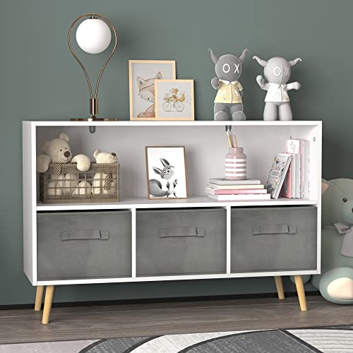 MRIISEL Kids' Toy Storage Organizer with Fabric Bins and Drawers - Perfect Storage Solution for Playroom and Bedroom Bookshelf - 35-Inch Wooden Cabinet (Grey)