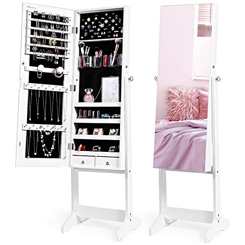 Nicetree Jewelry Cabinet with Full-Length Mirror, Standing Lockable Jewelry Armoire Mirror Organizer, 3 Angel Adjustable, White