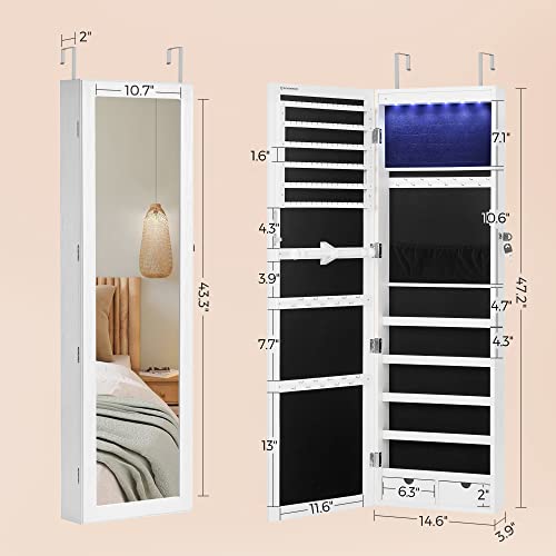 SONGMICS 6 LEDs Mirror Jewelry Cabinet, 47.2-Inch Tall Lockable Wall or Door Mounted Jewelry Armoire Organizer with Mirror, 2 Drawers, White UJJC93W