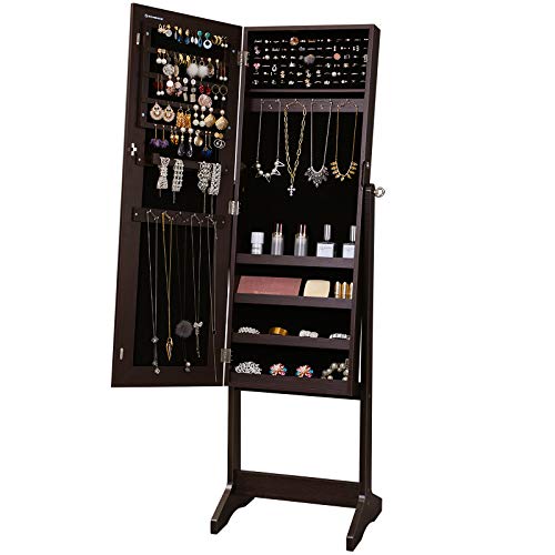 SONGMICS Mirrored Jewelry Cabinet Armoire, Standing Full Body Larger Mirror, Lockable Jewelry Organizer, Brown UJJC69BR