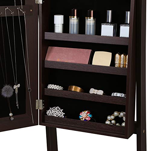 SONGMICS Mirrored Jewelry Cabinet Armoire, Standing Full Body Larger Mirror, Lockable Jewelry Organizer, Brown UJJC69BR