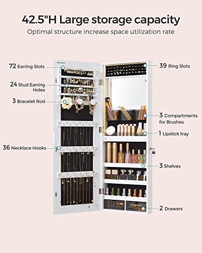 SONGMICS Jewelry Cabinet Armoire Organizer, Wall/Door Mount Storage Cabinet with Full-Length Frameless Lighted Mirror, Built-in Makeup Mirror, 2 Drawers, Lockable, White UJJC013W01