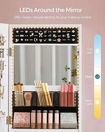 SONGMICS Jewelry Cabinet Armoire Organizer, Wall/Door Mount Storage Cabinet with Full-Length Frameless Lighted Mirror, Built-in Makeup Mirror, 2 Drawers, Lockable, White UJJC013W01