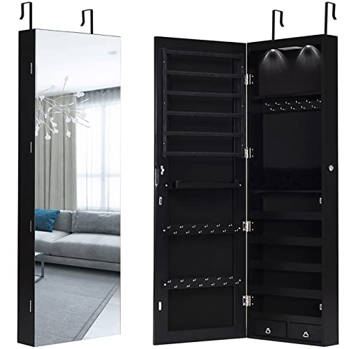 Giantex Wall Door Mounted Jewelry Armoire Cabinet with 47.5" H Full Length Mirror, 2 LEDs Lockable Jewelry Organizer Box with Bracelet Rod, 2 Drawers, Large Storage Capacity (Black)