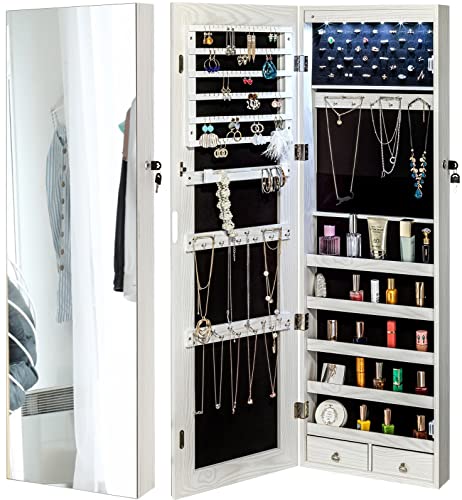 YOKUKINA Jewelry Mirror Armoire Cabinet, Large Storage Organizer w/LED Light, Door-Hanging/Wall-Mounted Lockable, white