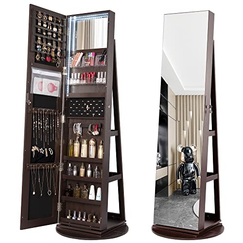 Kasibie Full Length Mirror Jewelry Cabinet 360° Swivel, Standing Mirror With Jewelry Storage, Lockable Jewelry Organizer with LED Lights (Brown)