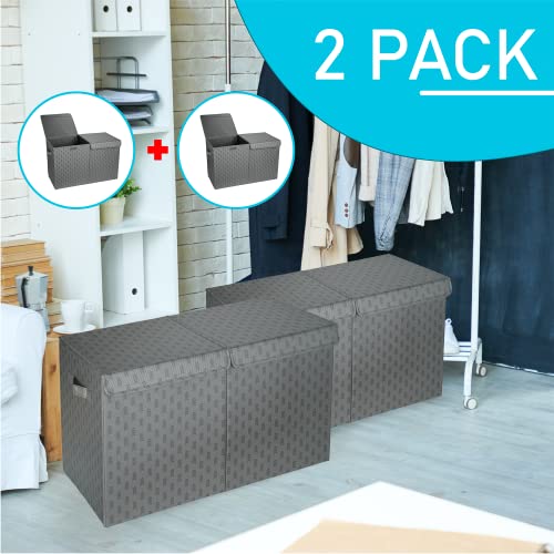 Toy Storage Chest (2pc) | Collapsible Polyester Linen Fabric Bins w/Lids | Large Foldable Box Organizer Closet Chest Trunk Container Basket with Cover for Boys Girls Home Bedroom Office Nursery(Gray)