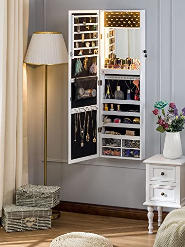 LUXFURNI Mirror Jewelry Cabinet 79 LED Lights Wall-Mount/Door-Hanging Armoire, Lockable Storage Organizer w/Drawers (White)