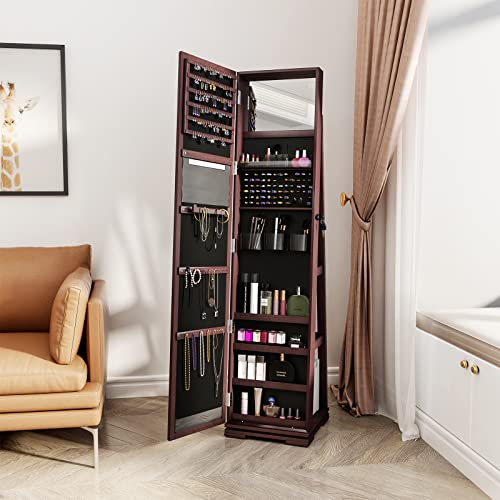 YITAHOME 360° Rotating Jewelry Cabinet Armoire 3-in-1 Jewelry Organizer Free Standing with Higher Full Length Mirror,Inside Makeup Mirror,Rear Storage Shelves, Walnut