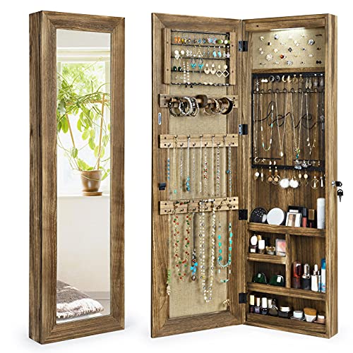 SRIWATANA Jewelry Armoire Cabinet, Solid Wood Jewelry Organizer with Full Length Mirror Wall/Door Mounted(Carbonized Black)