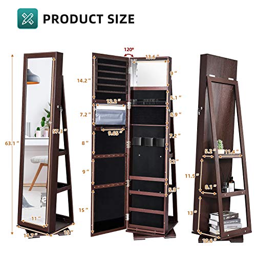 YITAHOME 360° Rotating Jewelry Cabinet Armoire 3-in-1 Jewelry Organizer Free Standing with Higher Full Length Mirror,Inside Makeup Mirror,Rear Storage Shelves, Walnut