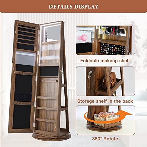 HNEBC LED Light Jewelry Organizer Mirror 360°Rotating,Jewelry Armoire with Door Mirror, Full Length Mirror Jewelry Cabinet, Mirror with Jewelry Storage, Large Jewelry Boxes & Organizers（A_Light Brown）