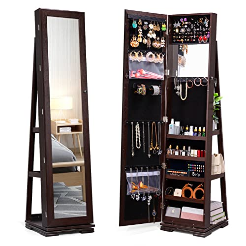TWING 360° Swivel Jewelry Armoire with Mirror, Full Length Mirror Jewelry Cabinet Standing, Inside Mirror with Jewelry Storage, Rear Storage Shelves, Soft Velvet Interior Makeup Organizer (Brown)