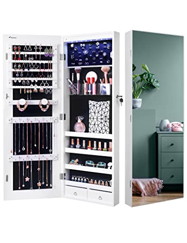 Nicetree 8 LEDs Mirror Jewelry Cabinet, Jewelry Armoire Organizer with Full Screen Mirror, Wall/Door Mounted, Full Length Mirror (White)