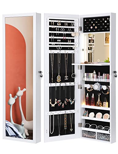 Nicetree 47.2" H Touch LED Mirror with Jewelry Storage, Inner Vanity Makeup Mirror Jewelry Cabinet, Door/Wall Mounted Jewelry Armoire Organizer, 2 Drawers, White, Christmas Gifts for Women