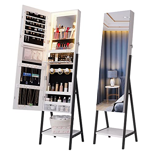 jajov 47.2" LED Mirror Jewelry Cabinet Freestanding, Large Full-Length Mirror with Jewelry Storage, Lockable Jewelry Armoire Organizer Built-in Lighted Mirror makeup tray (White)
