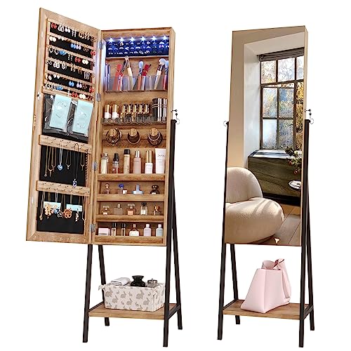 LVSOMT 6 LEDs Freestanding Jewelry Cabinet Armoire with Full-Length Floor Standing Mirror, Lockable Storage Organizer, Dressing Body Mirror, Large Capacity with Cosmetic Bags, Trays, Shelves (Wood)