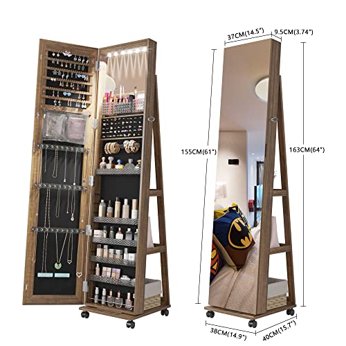 Lvifur 360° Rotating Jewelry Armoire 6 LEDS, Full Length Mirror Large Capacity Jewelry Organizer Armoire, Lockable Floor Standing Mirror with 4 rollers for Bedroom, Cloakroom