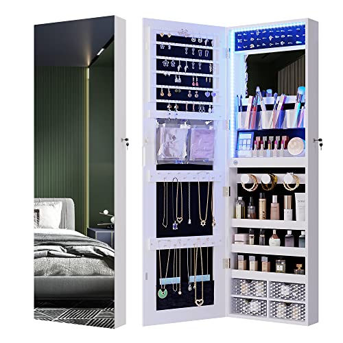 HNEBC 47.2''H Jewelry Organizer Wall Mounted with 3 Colors LED, Jewelry Cabinet Armoire with Door Mirror, Door Hanging Full Length Mirror with Storage, Built-in Vanity Mirror&Large Capacity (White)
