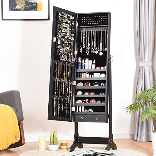 Giantex Lockable Standing Jewelry Armoire with Full Length Mirror, Large Storage Capacity Jewelry Cabinet Organizer with 2 Drawers, 4 Angel Adjustable, Extra Wide Mirror, for Women Girls (Black)