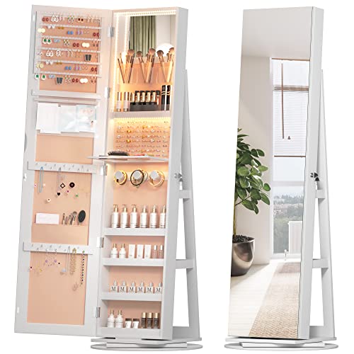Vlsrka LED Jewelry Armoire with Full Length Mirror 360° Rotating, Jewelry Cabinet Large Standing Lockable Mirror Jewelry Organizer with Inner Makeup Mirror & Soft Velvet for Living Room Bedroom