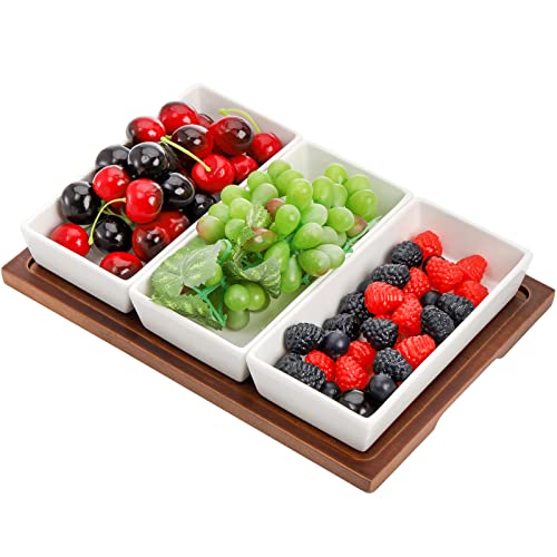 Elsjoy Set of 3 Ceramic Serving Bowls with Wooden Tray, Snack Serving Tray Divided Serving Platter for Appetizer, Fruits, Bread