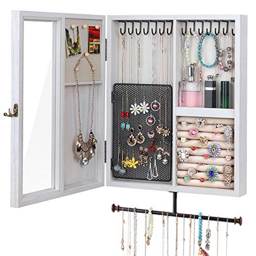 Keebofly Wall Mounted Jewelry Box Organizer With Rustic Wood Large Space Jewelry Cabinet Holder Jewelry Storage Box for Necklaces, Earrings, Bracelets, Ring Holder, and Accessories White