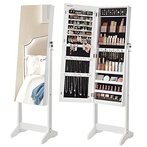 SONGMICS Jewelry Cabinet Armoire, Freestanding Lockable Storage Organizer Unit with 2 Plastic Cosmetic Storage, Full-Length Frameless Mirror, for Necklace Earring, White UJJC002W01