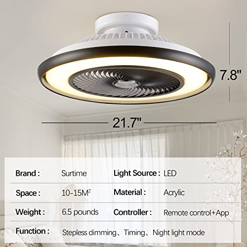 Surtime Ceiling Fans With Lights And Remote Control,Modern Low Profile Bladeless Small Ceiling Fan For Bedroom,22" Flush Mount Enclosed Ceiling Fans