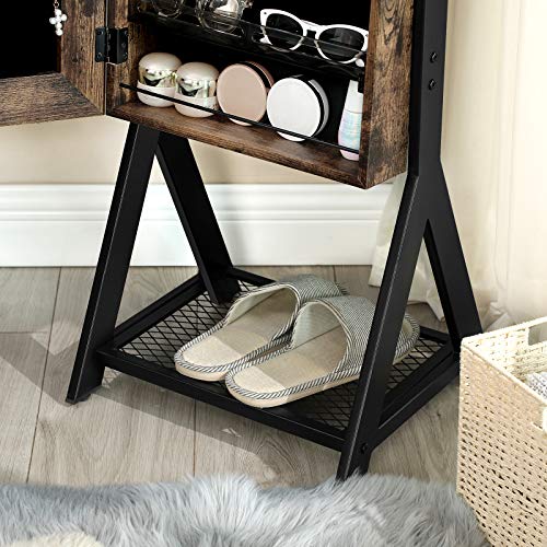 SONGMICS Mirror Jewelry Cabinet, Freestanding 3-in-1 Cosmetics Storage Cabinet, Lockable Jewelry Armoire with Mirror, Mesh Shelf, Metal Frame,Rustic Brown and Black UJJC97BC