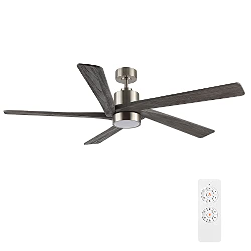 WINGBO 54 Inch DC Ceiling Fan with Lights and Remote Control, 5 Reversible Carved Wood Blades, 6-Speed Noiseless DC Motor, Modern Ceiling Fan in Brushed Nickel Finish with Gray Blades, ETL Listed