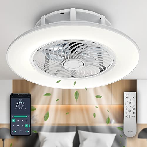 PrimeMall Bladeless Ceiling Fan with Light and Remote Control Low Profile Ceiling Fan 22" Modern Enclosed Multi-Speed Indoor Ceiling Fan 3 Color Temperatures Smart LED Dimmable Lighting Flush Mount