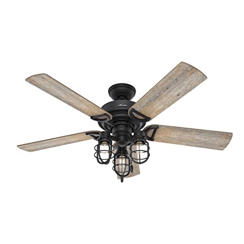 Hunter Fan Company 50409 Hunter Rustic 52 Inch Starklake Indoor or Outdoor Ceiling Fan with 3 LED Edison Bulbs, Pull Chain Control, and Quiet 3 Speed Motor, 52, Natural Iron finish
