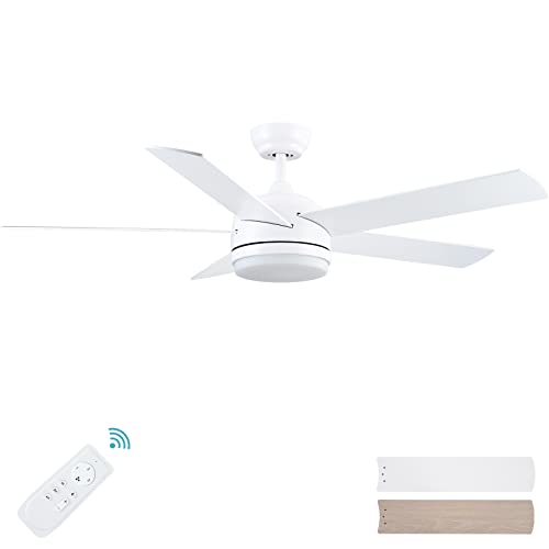 YUHAO 52 inch White Ceiling Fan with Lights and Remote Control,Quiet Reversible Motor,Dimmable tri-Color temperatures LED,5 Blades Modern Ceiling Fan for Indoor
