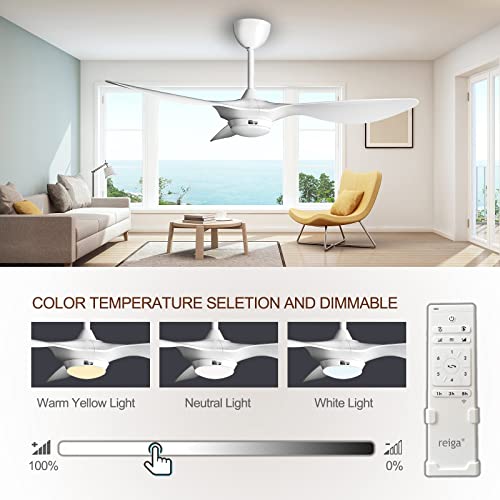 reiga 52-in Bright White Large Ceiling Fan with Dimmable LED Light Kit Remote Control Modern 3 Blades Reversible Quiet DC ETL Motor, 6-speed, Timer, for Bedroom Living Room and Patio