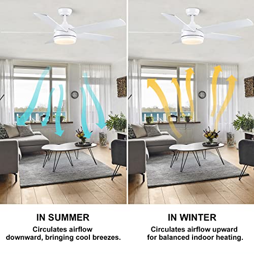 YUHAO 52 inch White Ceiling Fan with Lights and Remote Control,Quiet Reversible Motor,Dimmable tri-Color temperatures LED,5 Blades Modern Ceiling Fan for Indoor