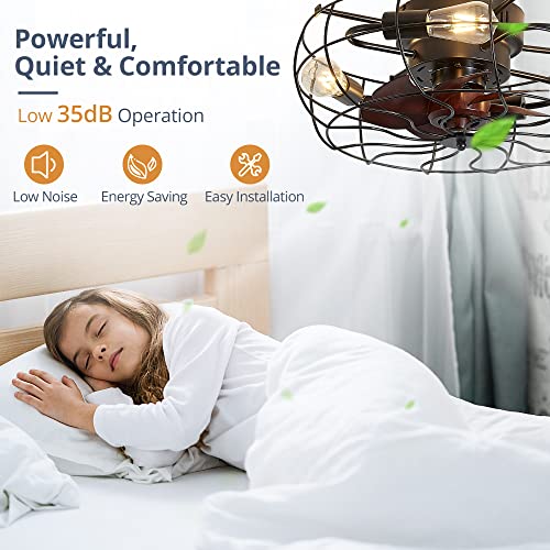 LEDIARY 20" Caged Ceiling Fans With Lights and Remote, Flush Mount Bladeless Ceiling Fan Low Profile, Small Farmhouse Industrial Enclosed Ceiling Fan with Light For Bedroom, Kitchen, Indoor