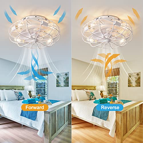 EMIKIRII Recessed Remote Control Ceiling Fan With Light, Industrial White Ceiling Fan, 3 Speed Reversible Motor, Suitable for Living Room, Bedroom, Church, etc